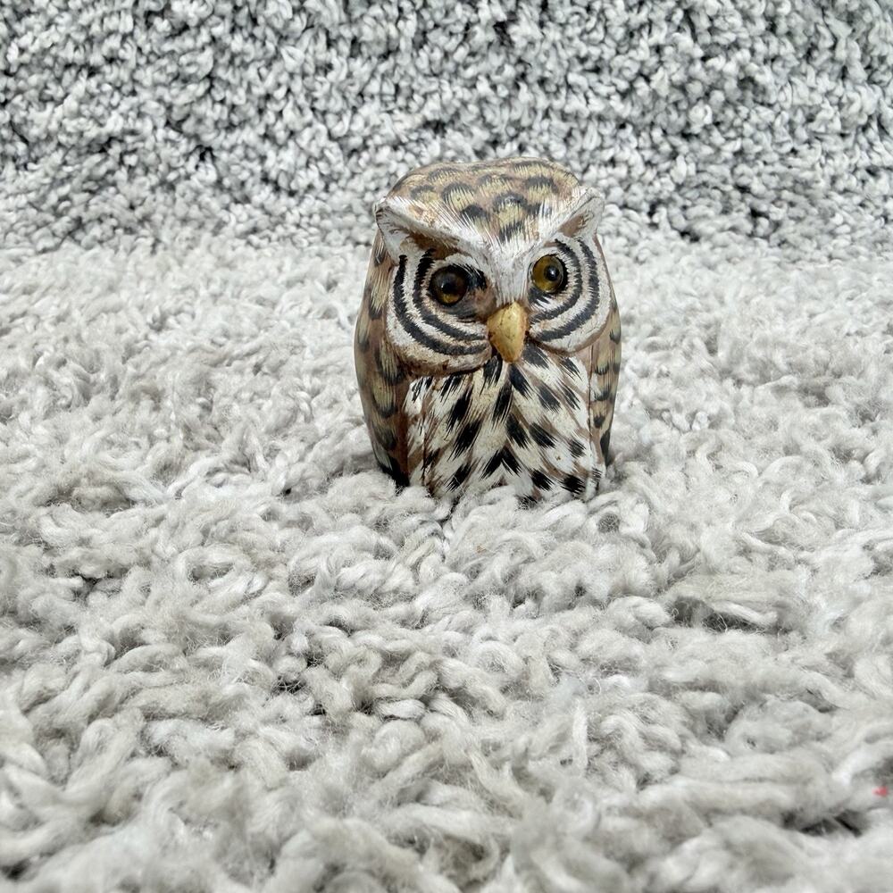 Hand Carved Painted Wooden Owl Figurine Glass Eyes Folk Art Bird 3” Decor